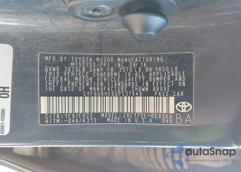 2016 Toyota Corolla S Plus from USA, damaged, VIN 5YFBURHE6GP537649